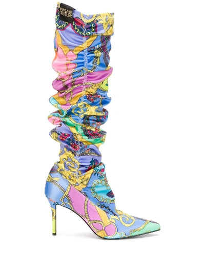 Versace Jeans Couture Baroque Print Ruched Boots In Blue