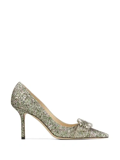 Jimmy Choo Saresa Glitter Pumps With Crystal Buckle 85 In Gold,green,pink