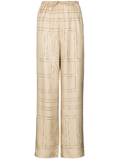 Totême Monogram Silk Straight-leg Ankle Pajama Pants In Brown