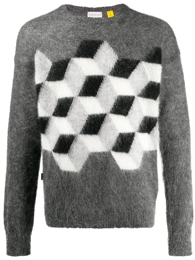 Moncler Geometric-motif Knitted Jumper In Grey