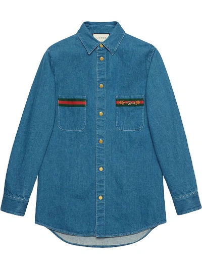 Gucci Web-detail Long-sleeve Denim Shirt In Blue