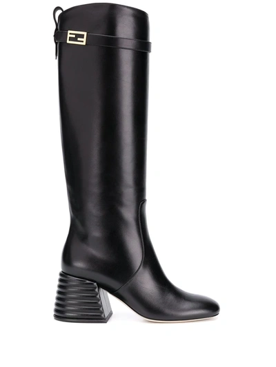 Fendi Buckle Detail Block Heel Knee High Boot In Black
