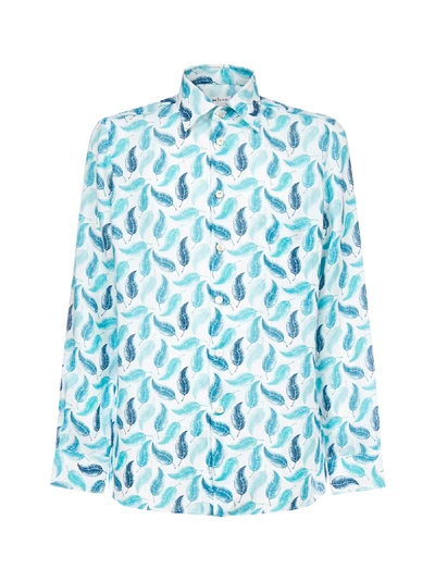 Kiton Feather Print Long-sleeved Shirt In Blue