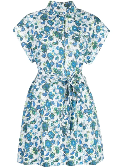 Givenchy Belted Cotton Cap-sleeve Shirtdress In Blue