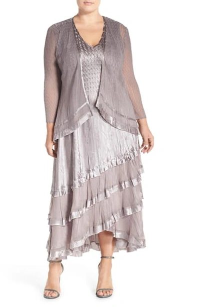 Komarov Charmeuse Tiered Hem Dress With Chiffon Jacket In Oyster Smoke  Ombre