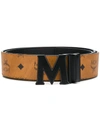 Mcm Men's Claus M Reversible Belt In Black Logo Visetos In Cognac/black