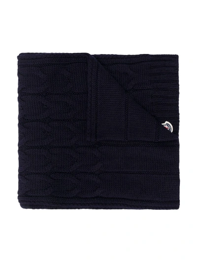 Moncler Logo-patch Cable Knit Scarf In Blue