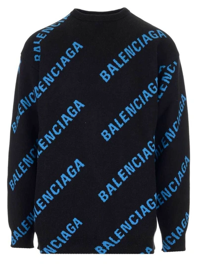 Balenciaga Oversized Logo-intarsia Cotton-blend Sweater In Black - Blue