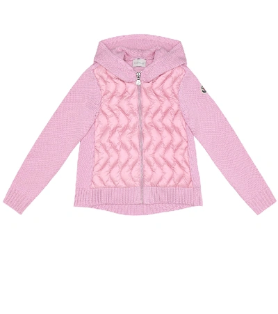 Moncler Kids' 尼龙羽绒&羊毛针织连帽夹克 In Pink