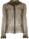 SAINT LAURENT LEOPARD PRINT RUFFLE NECK SILK BLOUSE