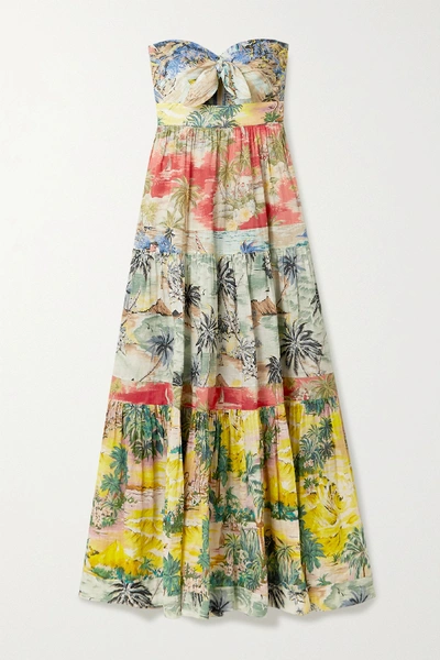 Zimmermann Juliette Strapless Knotted Tiered Printed Linen Maxi Dress In Multicoloured