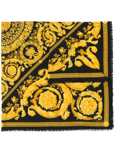 Versace Fine Knit Baroque Print Scarf In Black