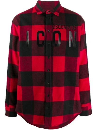 Dsquared2 Icon Print Check Wool Flannel Shirt In Red,black