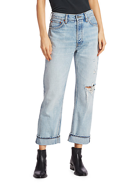 Re/done 90s Loose High-rise Straight Cuffed Jeans In Destroyed Light
