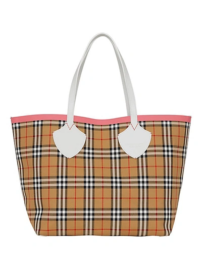 Burberry Giant Reversible Vintage Check Tote In Chalk White Brown