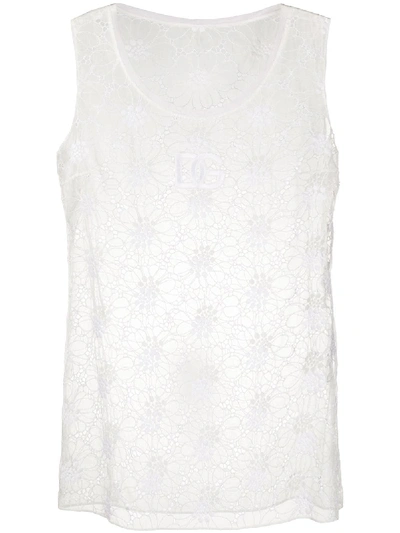 Dolce & Gabbana Floral Embroidered Sheer Sleeveless Top In White