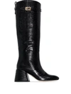 FENDI LOGO-PLAQUE CROCODILE-EMBOSSED KNEE-HIGH BOOTS