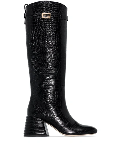 Fendi Logo-plaque Crocodile-embossed Knee-high Boots In Black