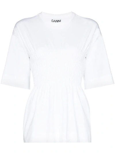 Ganni Shirred Organic Cotton-jersey T-shirt In White