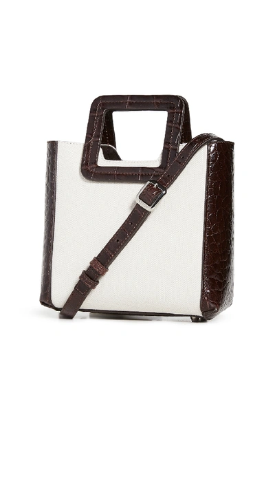 Staud Mini Shirley Canvas & Croc Embossed Leather Satchel In Natural Brown