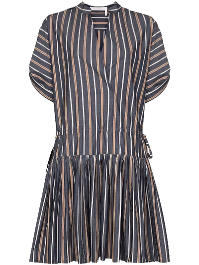 See By Chloé Striped Gathered Cotton Dress In Blue