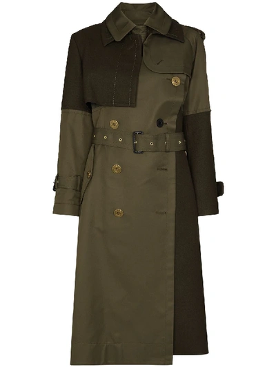 Sacai Belted Double-breasted Trench Coat In Green
