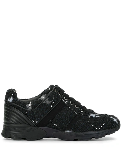 Pre-owned Chanel Tweed Lace-up Sneakers In Black