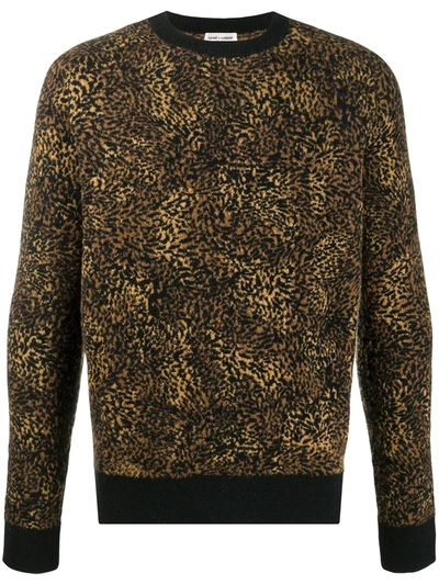 Saint Laurent Black Jacquard Leopard Crewneck Sweater In Brown