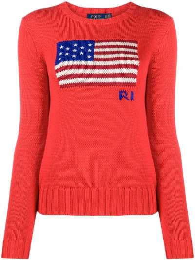 Polo Ralph Lauren Logo Flag Embroidered Jumper In Red