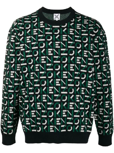 Kenzo Logo Jacquard Cotton Blend Sweater In Black,green,white
