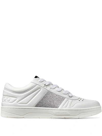 Jimmy Choo Hawaii F Sneakers In Leather With Glitter Insert In White