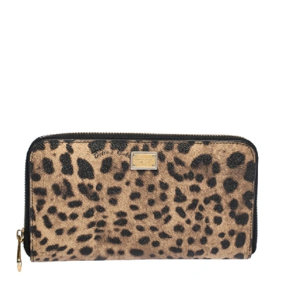Pre-owned Dolce & Gabbana Leopard Print Coated Canvas Zip Around Wallet In Brown