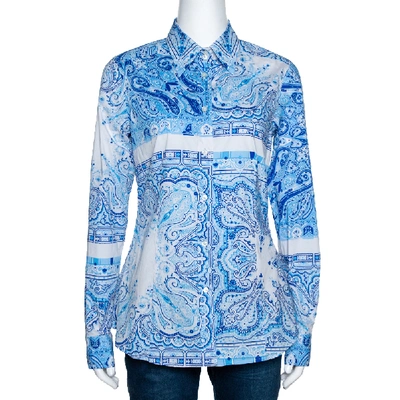 Pre-owned Etro Blue Paisley Print Stretch Cotton Long Sleeve Shirt M