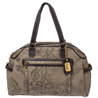 Pre-owned Alviero Martini 1a Classe Grey Geo Print Coated Canvas And Leather Front Pocket Satchel