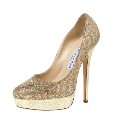 Pre-owned Jimmy Choo Gold Glitter Fabric And Embossed Leather Eros Platform Pumps Size 38