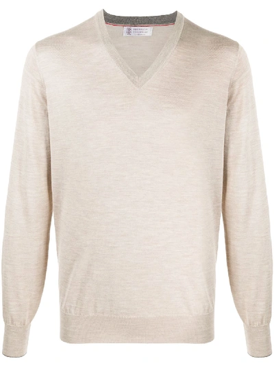 Brunello Cucinelli Plain V-neck Pullover In Neutrals