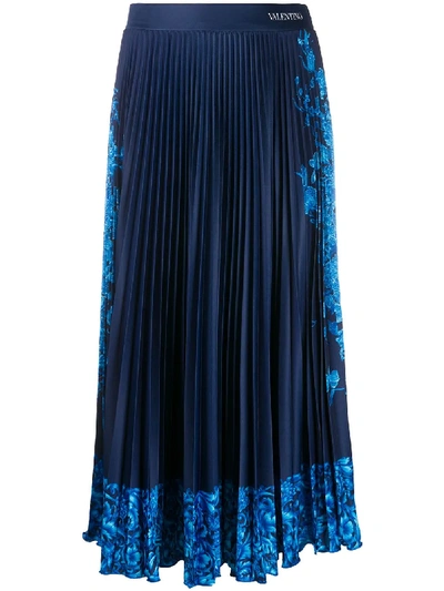 Valentino Delft Print Logo Waist Pleated Maxi Skirt In Dark Blue