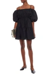Goen J Cold-shoulder Gathered Silk-blend Cloqué Mini Dress In Black