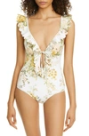 ZIMMERMANN AMELIE FLORAL SCALLOPED FRILL ONE-PIECE SWIMSUIT,7511WAME