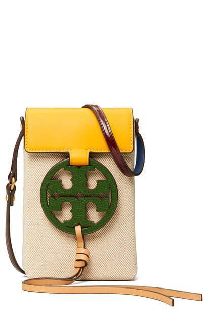 Tory Burch Miller Leather & Canvas Phone Crossbody Bag In Natural / Brown | ModeSens