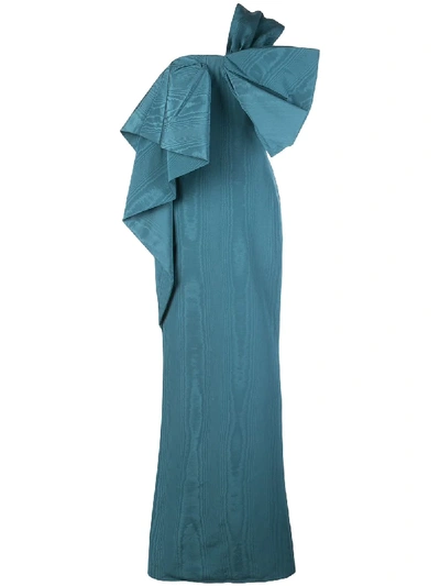 Oscar De La Renta Bow Detail One-shoulder Taffeta Gown In Slate Blue