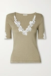 CHLOÉ GUIPURE LACE-TRIMMED RIBBED COTTON-JERSEY SWEATER