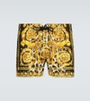 Versace Yellow And Black Swim Trunks With All-over Baroque Print In Nylon Man In Gold