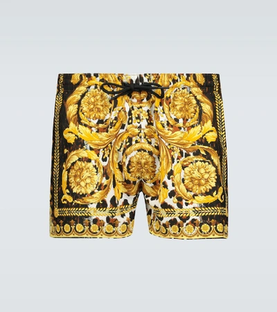 Versace Yellow And Black Swim Trunks With All-over Baroque Print In Nylon Man In Gold Print