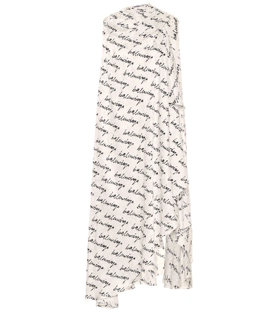 Balenciaga Stola Scribble Print Logo Jacquard Silk High/low Dress In White