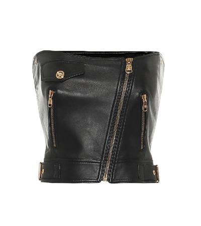 Versace Zip-embellished Leather Bustier Top In Black