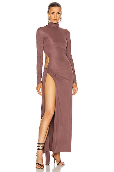 Attico Long Sleeve Ruched Maxi Dress In Brown