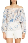 CHLOÉ PINTUCKED FLORAL PRINT OFF THE SHOULDER BLOUSE,C20AHT03322