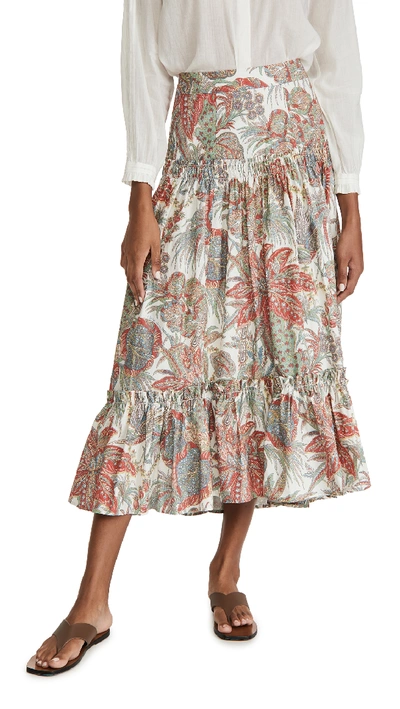 Cara Cara Tisbury Printed Cotton-poplin Midi Skirt In Bird Paisley Ivory