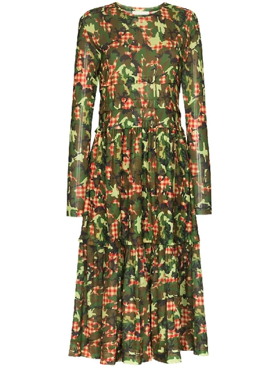 Molly Goddard Rhian Camo Gingham Pintuck Mesh Dress In Green